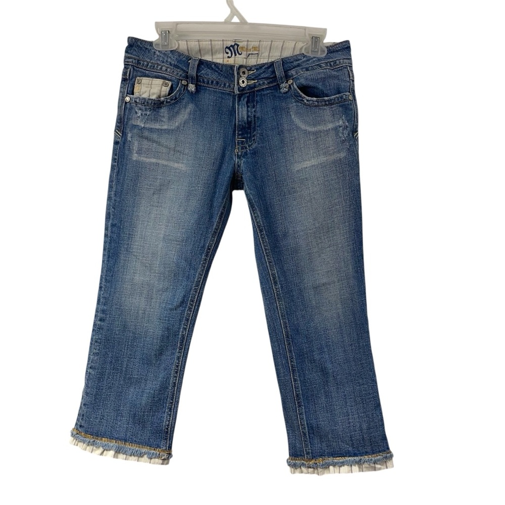 Y2K Miss Me Jean Low-Rise Capri Pants Denim Blue 29 Flap Crop Mallcore Mcbling